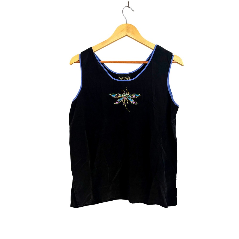 Bob Mackie Wearable Art Black Silk Dragonfly Embroidered Tank Top Vintage Y2K M
